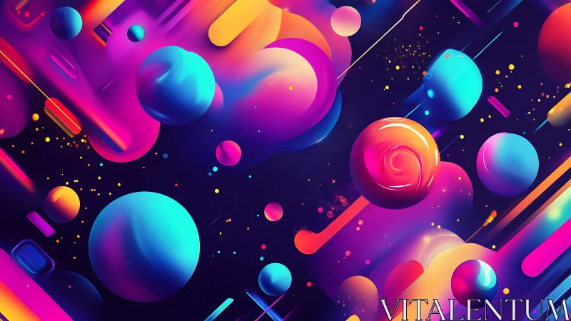 Abstract neon spheres and gradients on dark digital background.