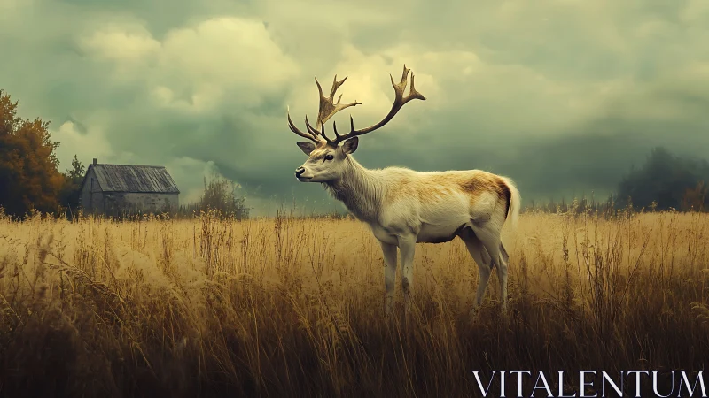 White deer with antlers in tall grass near rural building.