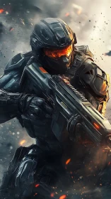 Armored space soldier racing through a blazing battlefront.