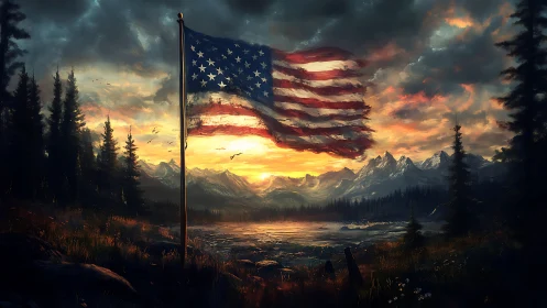 American flag ripples above alpine lake at incendiary sunset