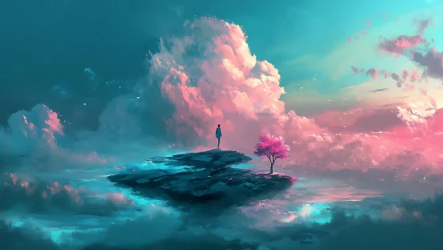 Dreamy sky island invites gentle reflection above soft clouds