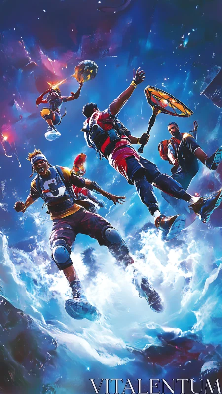 Squad of futuristic athletes leaps through cosmic vortex