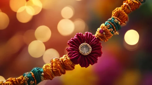 Festive rakhi bracelet glowing in soft golden lights.