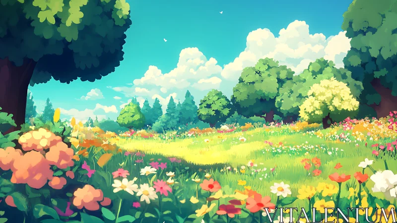 Digital painting meadowscape with luminous floral foreground.
