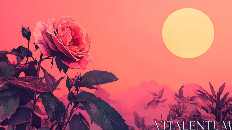 Sunlit rose silhouette over glowing coral horizon at dusk.