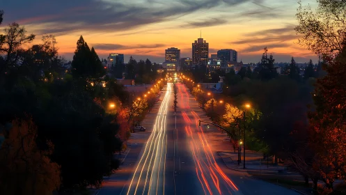 Golden hour city boulevard glows with soft evening traffic