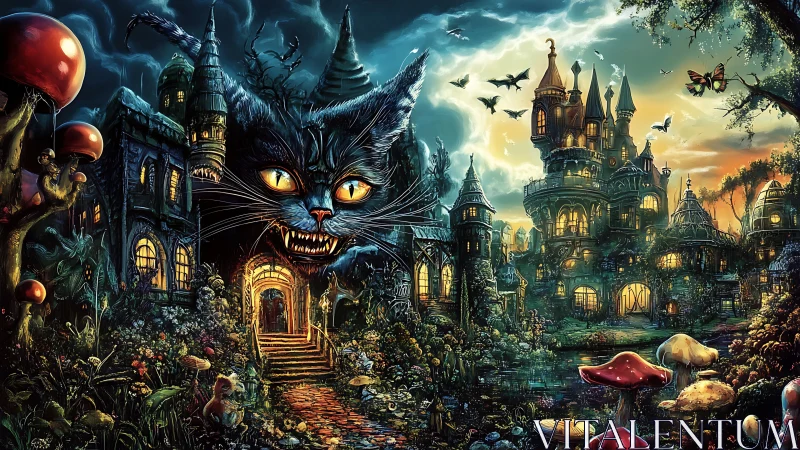 Fantasy castle landscape with giant cat and mushrooms.