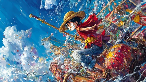 Straw hat pirate figure on ship amid dynamic ocean spray.