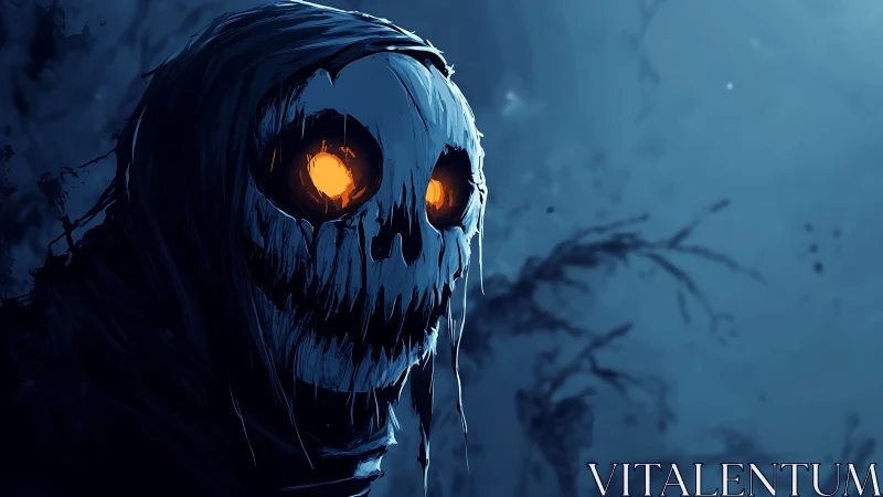 Hooded skull wraith with burning eyes in cold blue void.