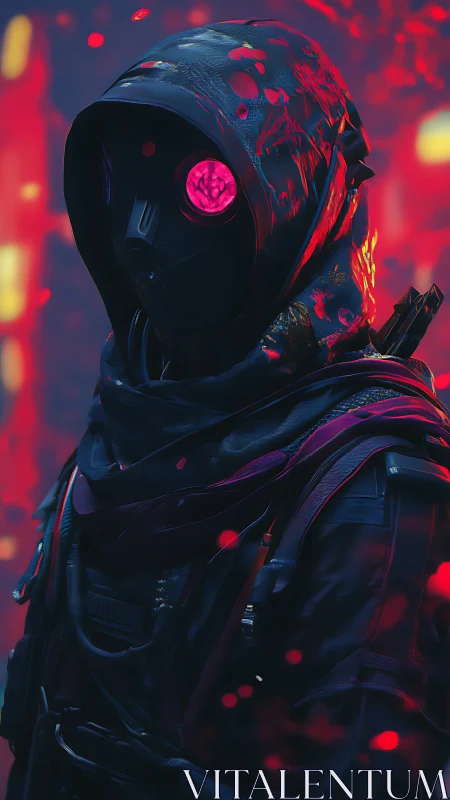 Cyberpunk cloaked operative with neon monocular visor profile.