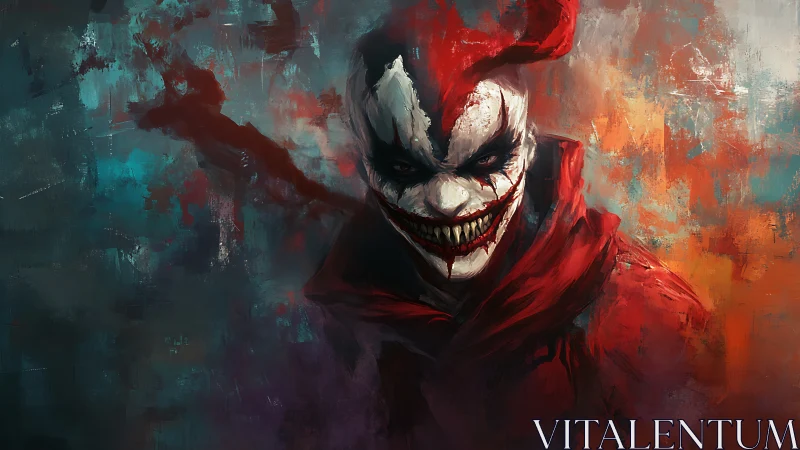 Sinister jester leans forward with a chilling painted grin