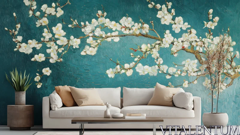 Large floral mural dominates teal accent wall behind minimalist sofa