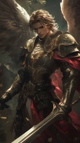 Radiant winged warrior standing firm in golden armor.