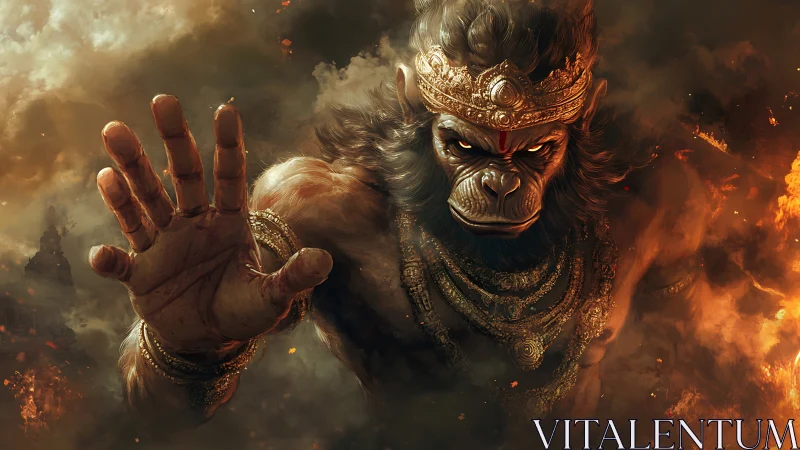 Mythic warrior ape halts viewer amid swirling inferno clouds