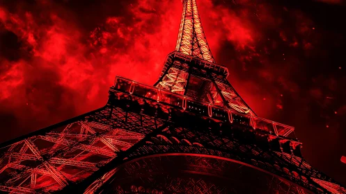 Eiffel Tower under intense red sky at night perspective.