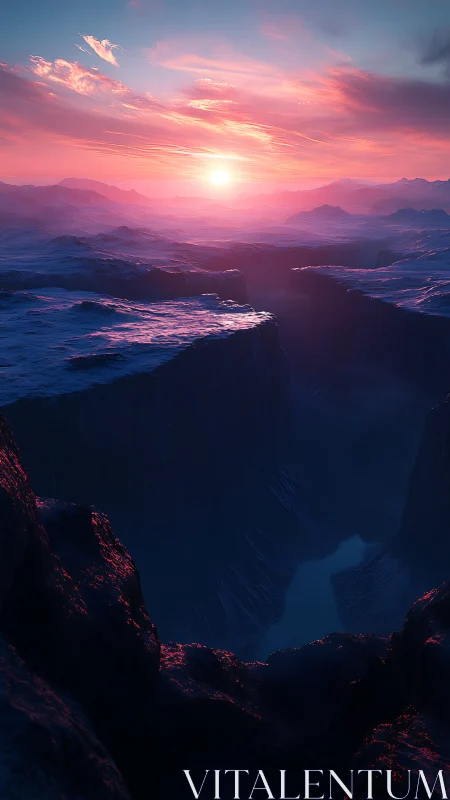 Sunlit alien canyon rendered with atmospheric scattering gradients