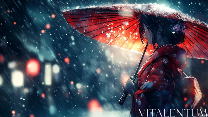 Digital anime portrait under crimson umbrella in rainstorm.