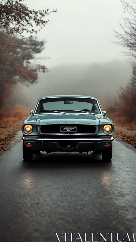 Foggy-lane Mustang stares down the road with quiet thunder.