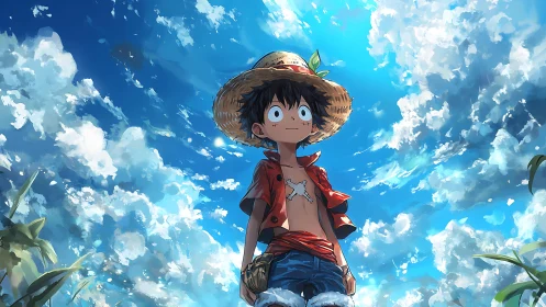 Straw hat boy under bright blue sky with clouds.