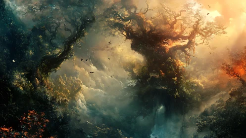 Mystic forest canopy glows with swirling golden morning light