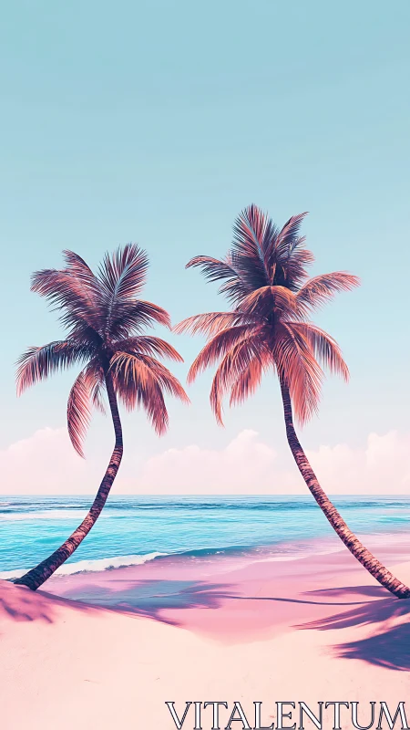 Twin Palm Trees Bending Over Pink Beach Paradise.
