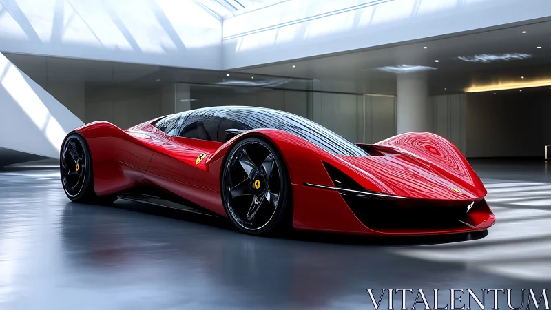 Scarlet hypercar prowls a glass-lit gallery of reflections.