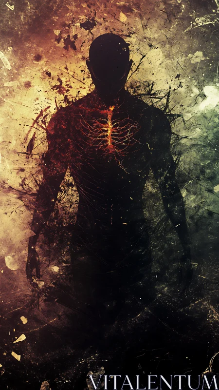 Shadowed figure stands with glowing heart in crackling light