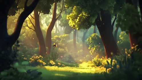 Enchanted Forest Glade Illuminated by Golden Sunlight Through Ancient Trees