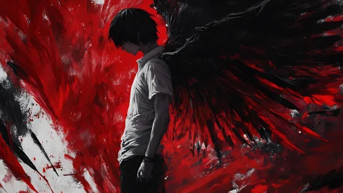 Shadowed winged figure amid red-black kinetic paint field.