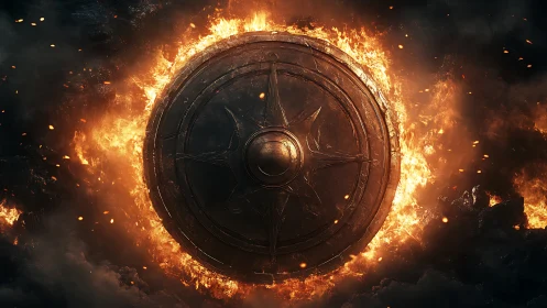 Metal shield encircled by fire in dark environment.
