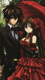 Anime couple in gothic red dress and black suit portrait.