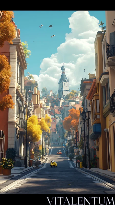 Procedural hillside avenue with towered skyline depth study.