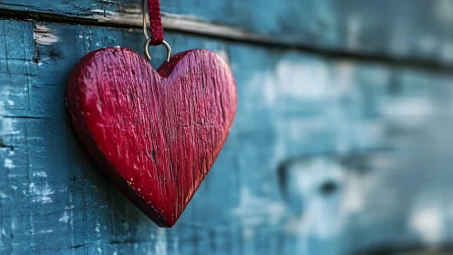 Crimson Heart Hangs Against Weathered Blue Timber.