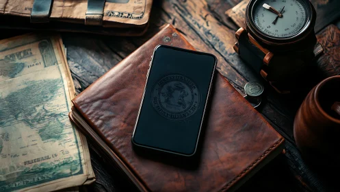 Smartphone rests on vintage travel journal and map scene.