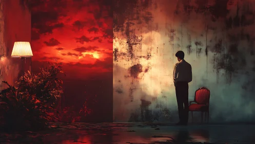 Solitary figure in liminal interior facing glowing horizon portal