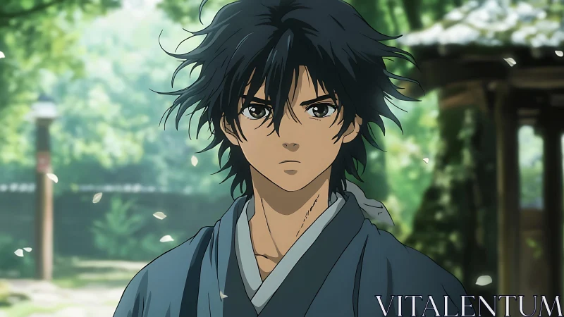 Stoic anime swordsman in serene garden of drifting petals.