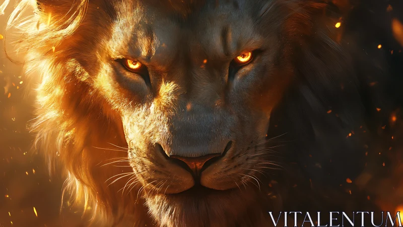 Fiery eyed lion portrait in dramatic glowing embers.