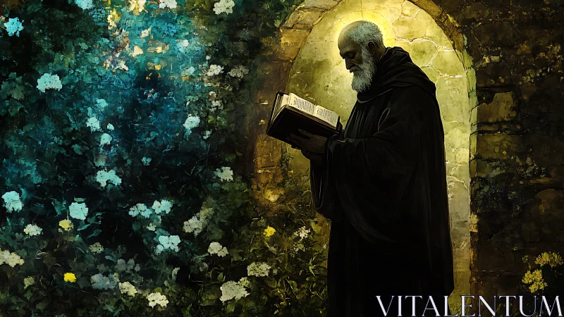 Older robed figure reads from illuminated book near stone arch