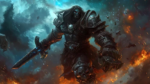 Armored undead warrior with sword in fiery storm landscape.
