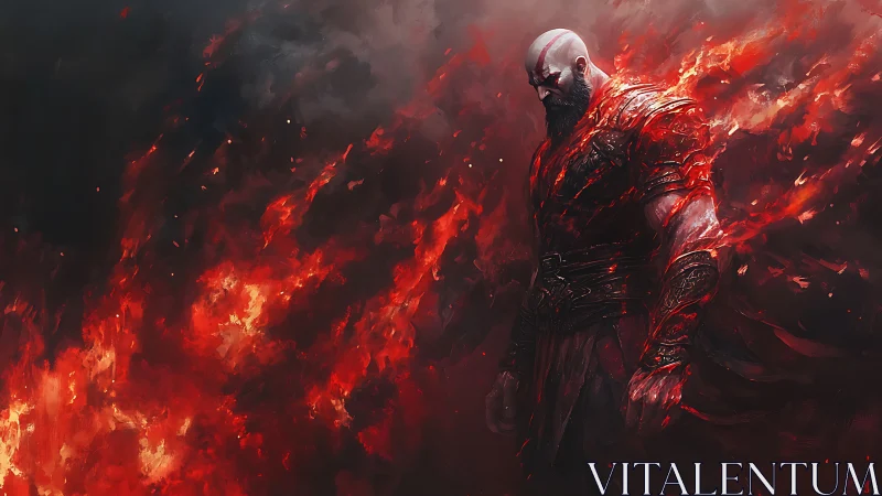 Armored warrior engulfed in red flames in dark void.