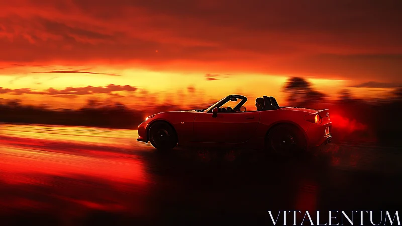 Red sports convertible races into a cinematic sunset blaze