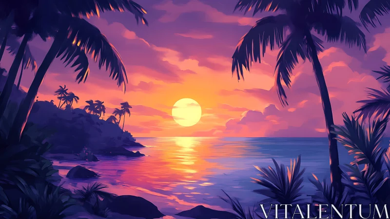 Tropical palm beach sunset with vivid orange sky reflection.