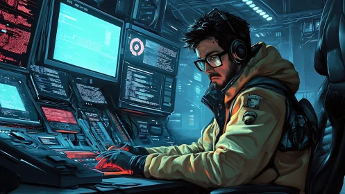 Midnight coder orchestrates neon data storms in icy silence