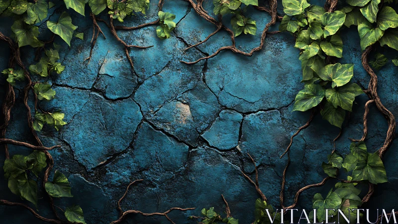 Emerald ivy siege on cracked cerulean stone wall.