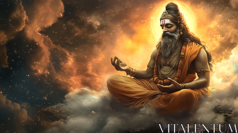 Cosmic yogic sage levitating amid luminous nebular clouds.