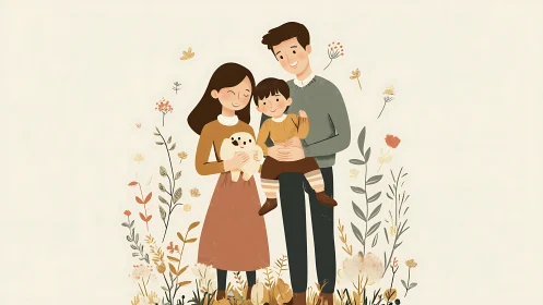 Illustration of family unit with child and pet dog surrounded by botanical elements