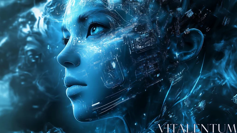 Cybernetic blue female face merged with digital circuits.