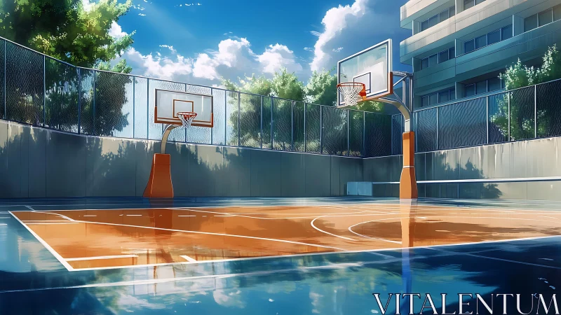 Sunlit urban court gleams after rain under open blue sky.