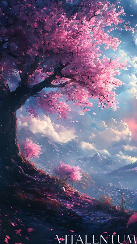 Blossom-draped mountain path under drifting pink skies.