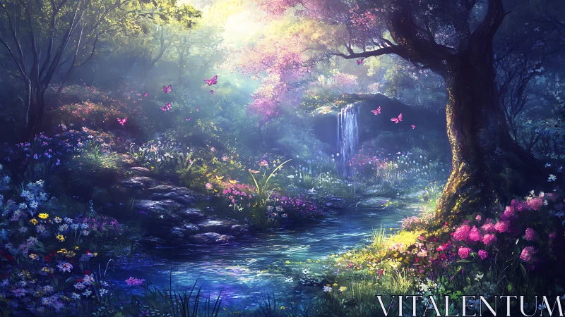 Enchanted forest glade channels ethereal backlit waterfall scene